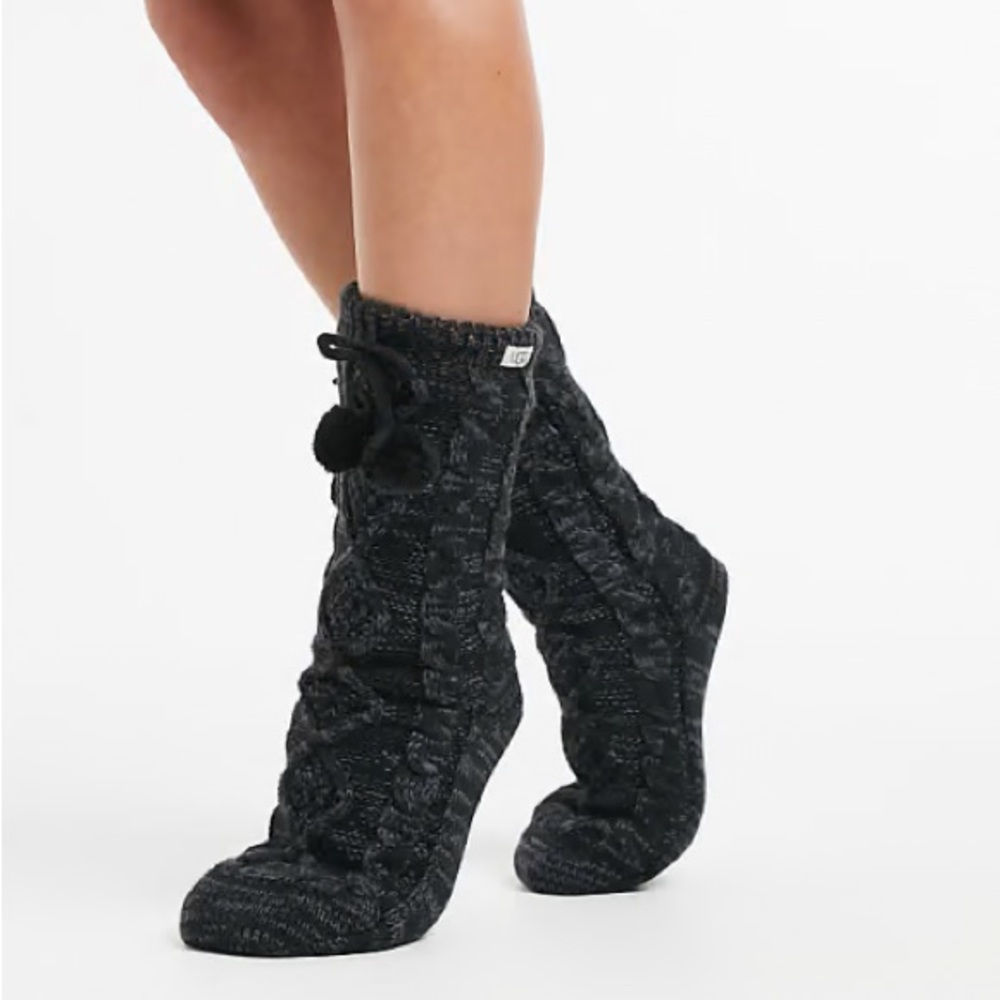 UGG Black Cable-Knit Slipper Socks with Pom Pom